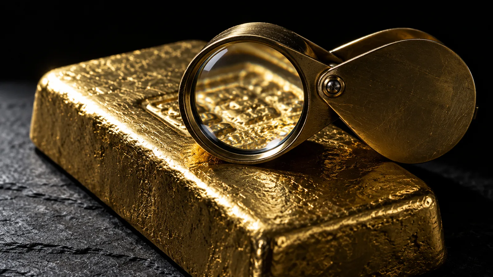 A jeweller's loupe on a gold ingot, checking authenticity