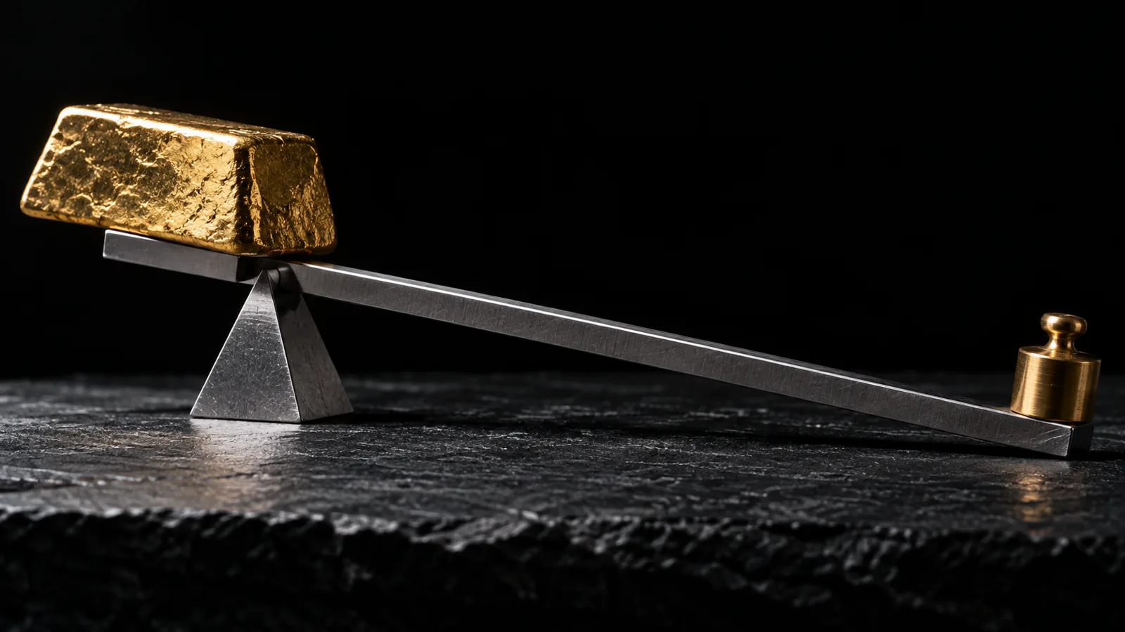 A steel lever on a knife-edge fulcrum: a small brass weight lifts a heavy gold ingot