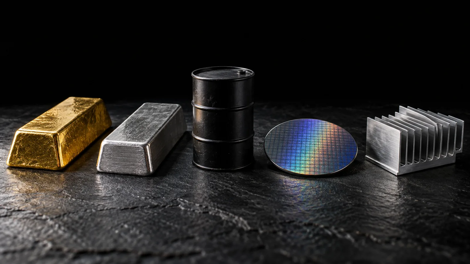 Five asset classes as objects: a gold ingot, a silver bar, an oil drum, a silicon wafer and a heatsink